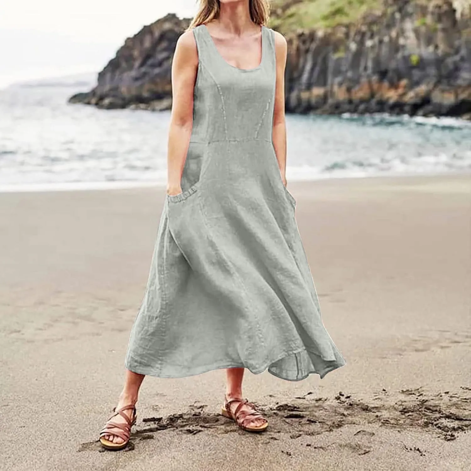 Women's Summer Cotton Linen Dress Sleeveless Elegant Flowy Dresses 2025 Plus Size Loose Comfy Dress with Pockets