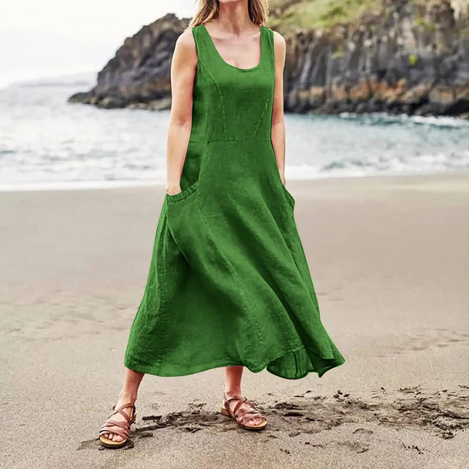 Women's Summer Cotton Linen Dress Sleeveless Elegant Flowy Dresses 2025 Plus Size Loose Comfy Dress with Pockets