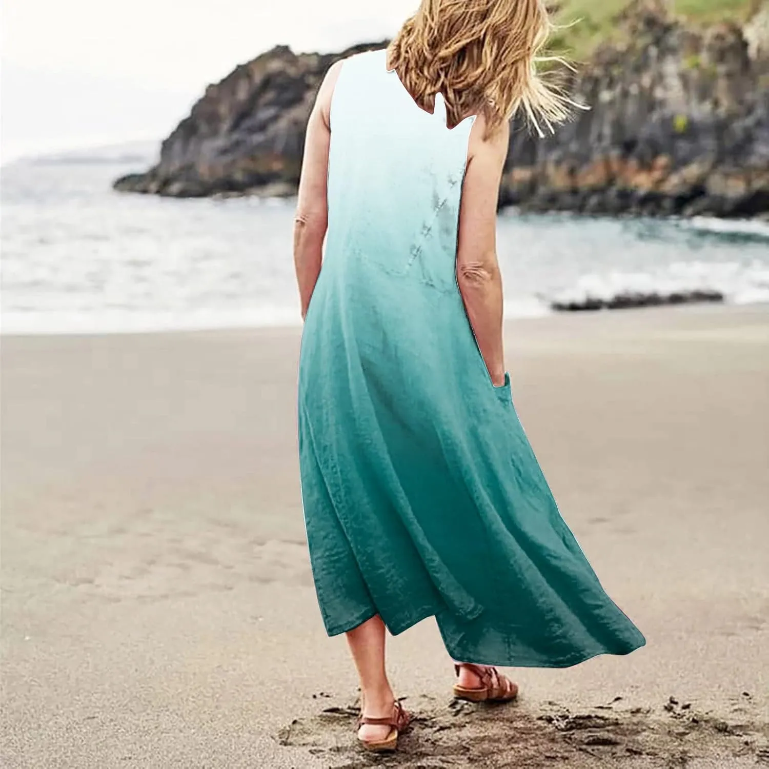 Women's Summer Cotton Linen Dress Sleeveless Elegant Flowy Dresses 2025 Plus Size Loose Comfy Dress with Pockets