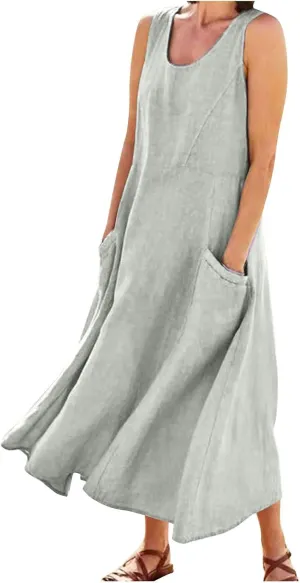 Women's Summer Cotton Linen Dress Sleeveless Elegant Flowy Dresses 2025 Plus Size Loose Comfy Dress with Pockets