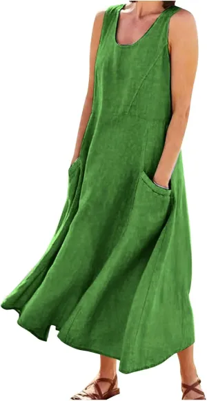 Women's Summer Cotton Linen Dress Sleeveless Elegant Flowy Dresses 2025 Plus Size Loose Comfy Dress with Pockets