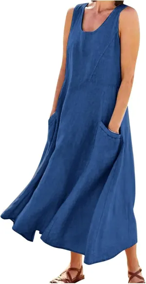 Women's Summer Cotton Linen Dress Sleeveless Elegant Flowy Dresses 2025 Plus Size Loose Comfy Dress with Pockets