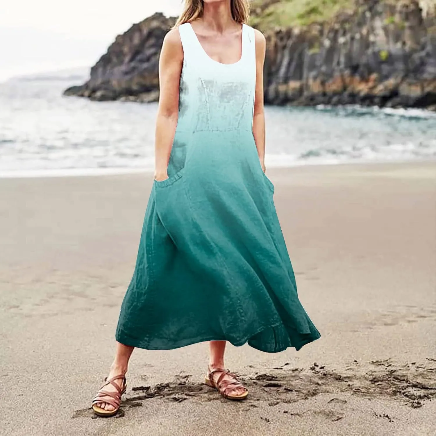 Women's Summer Cotton Linen Dress Sleeveless Elegant Flowy Dresses 2025 Plus Size Loose Comfy Dress with Pockets