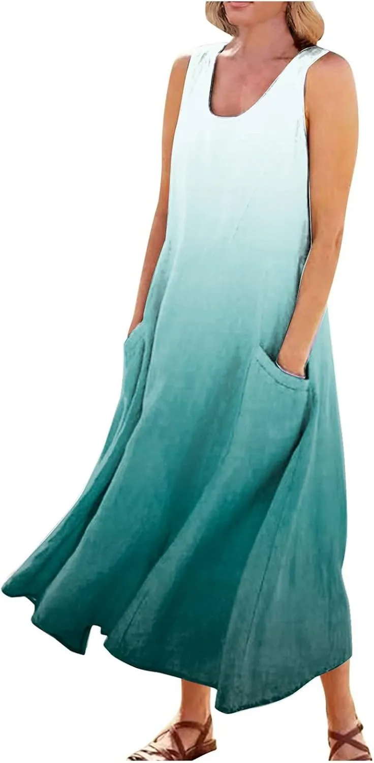 Women's Summer Cotton Linen Dress Sleeveless Elegant Flowy Dresses 2025 Plus Size Loose Comfy Dress with Pockets