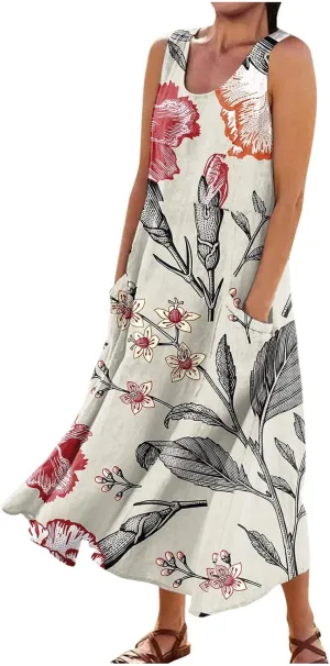 Women's Summer Cotton Linen Long Dress 2025 Sleeveless Elegant Flowy Dresses Plus Size Loose Comfy Dress with Pockets