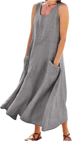 Women's Summer Cotton Linen Long Dress 2025 Sleeveless Elegant Flowy Dresses Plus Size Loose Comfy Dress with Pockets