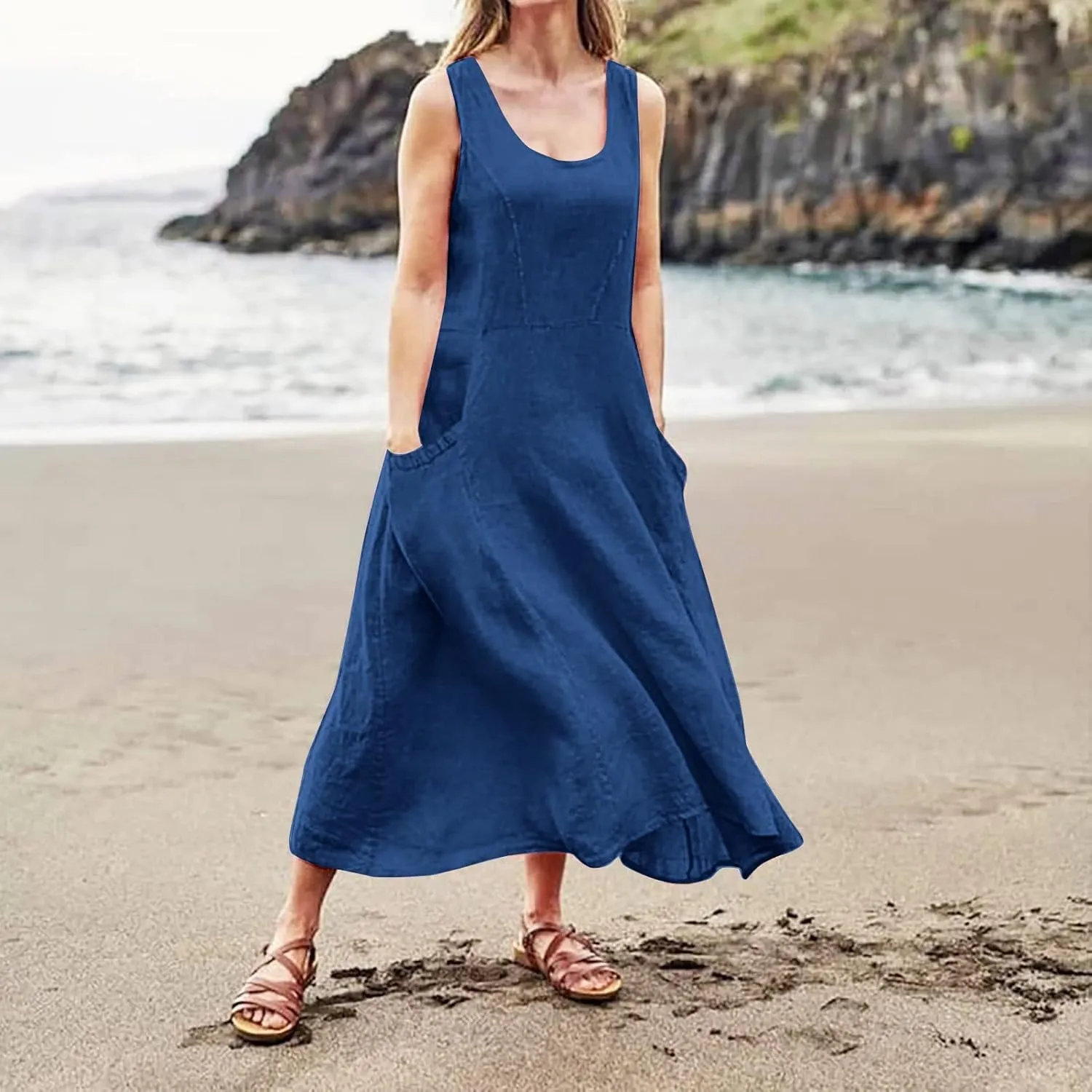 Women's Summer Cotton Linen Long Dress 2025 Sleeveless Elegant Flowy Dresses Plus Size Loose Comfy Dress with Pockets