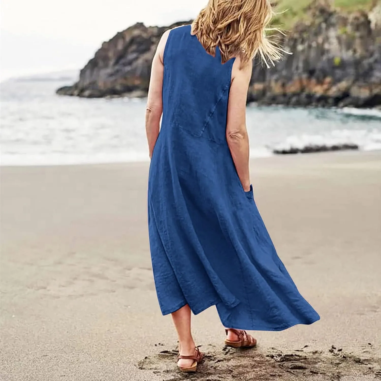 Women's Summer Cotton Linen Long Dress 2025 Sleeveless Elegant Flowy Dresses Plus Size Loose Comfy Dress with Pockets
