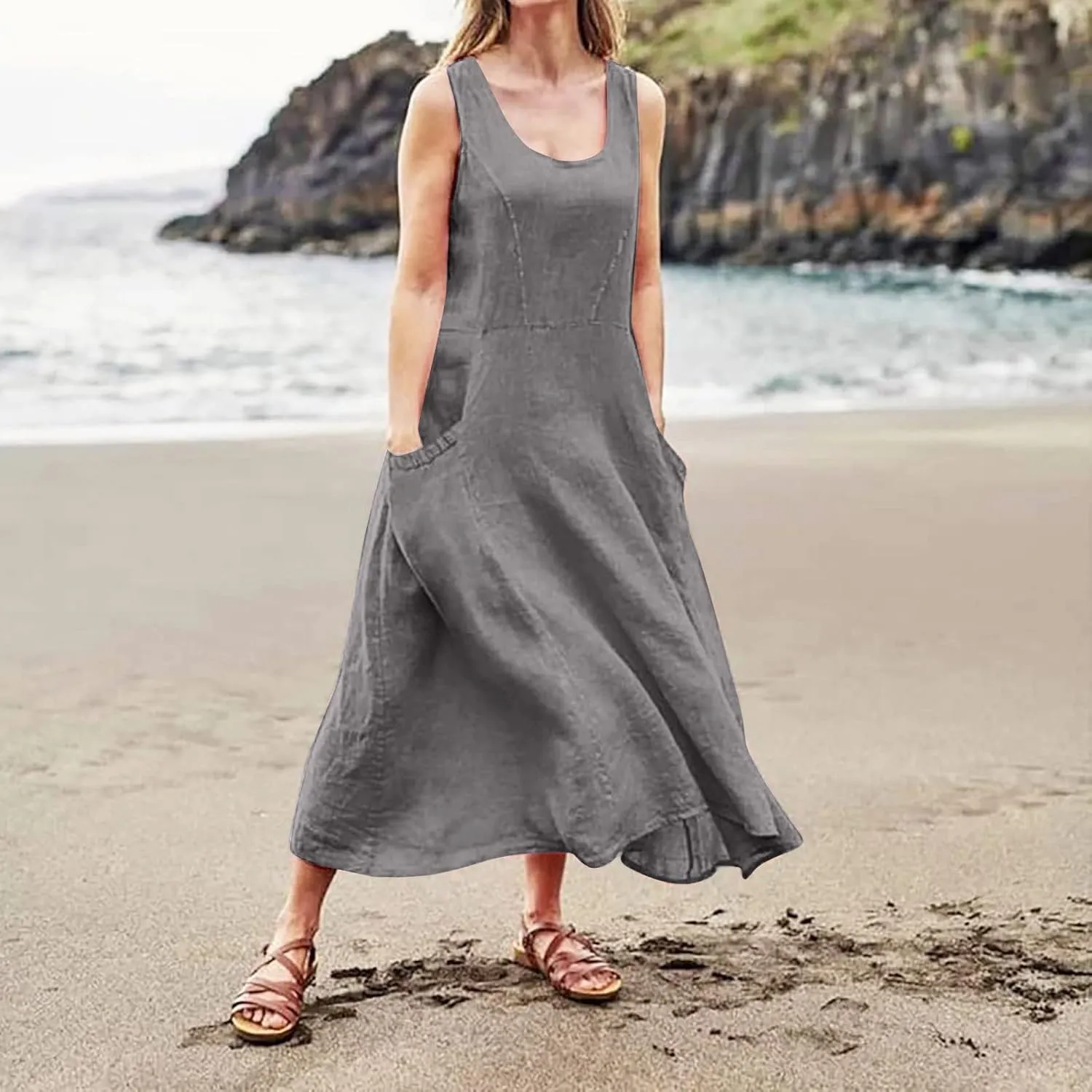 Women's Summer Cotton Linen Long Dress 2025 Sleeveless Elegant Flowy Dresses Plus Size Loose Comfy Dress with Pockets