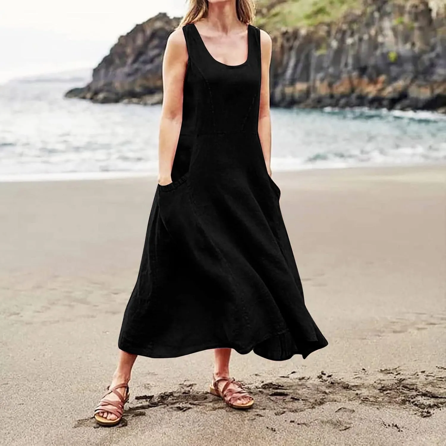 Women's Summer Cotton Linen Long Dress 2025 Sleeveless Elegant Flowy Dresses Plus Size Loose Comfy Dress with Pockets