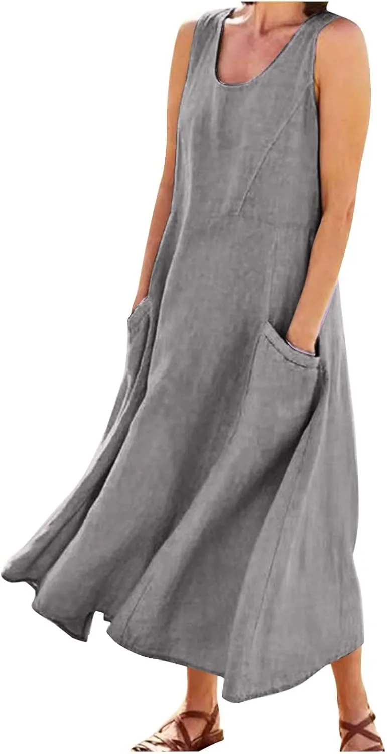 Women's Summer Cotton Linen Long Dress 2025 Sleeveless Elegant Flowy Dresses Plus Size Loose Comfy Dress with Pockets