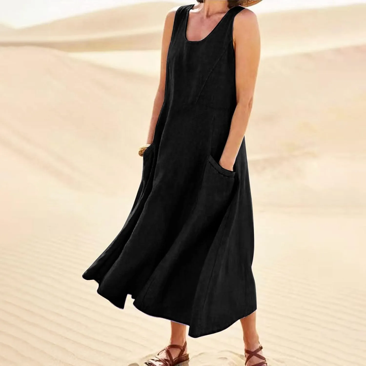Women's Summer Cotton Linen Long Dress 2025 Sleeveless Elegant Flowy Dresses Plus Size Loose Comfy Dress with Pockets