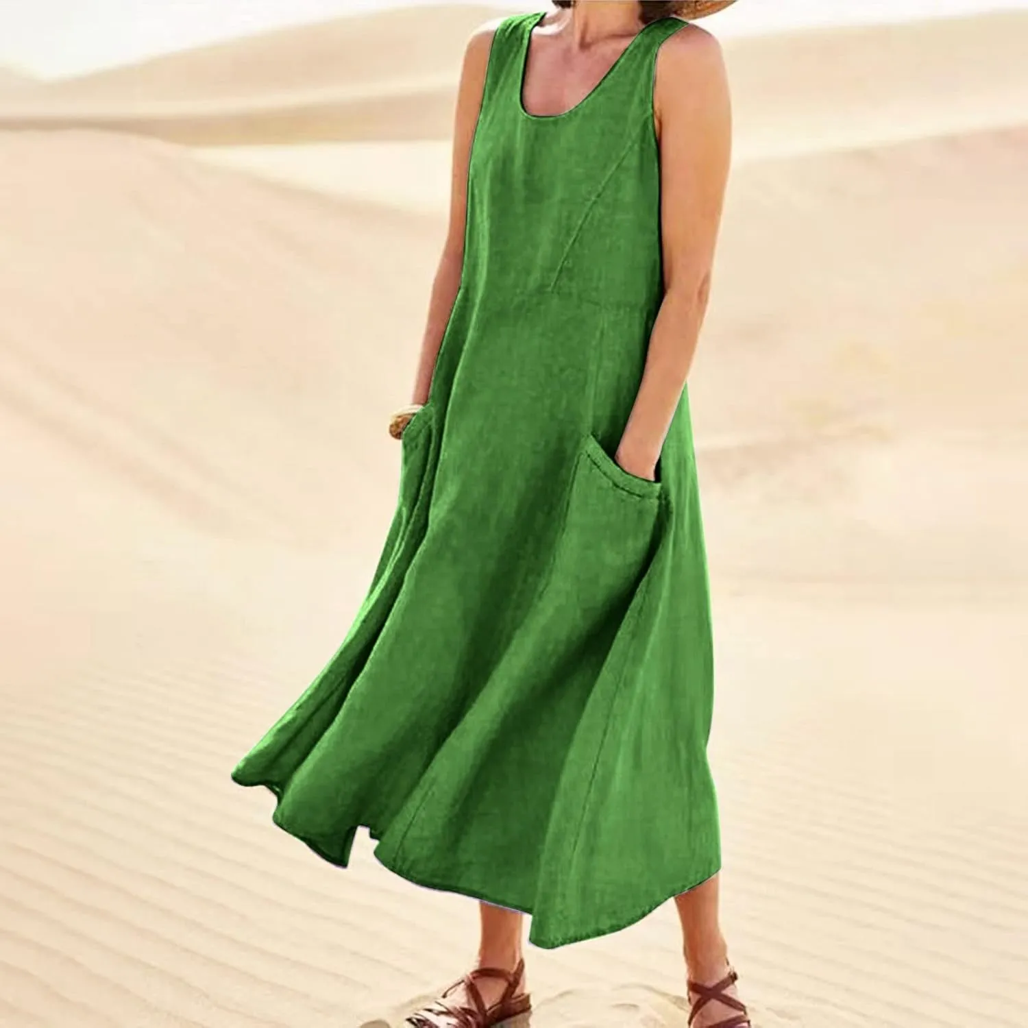 Women's Summer Cotton Linen Long Dress 2025 Sleeveless Elegant Flowy Dresses Plus Size Loose Comfy Dress with Pockets