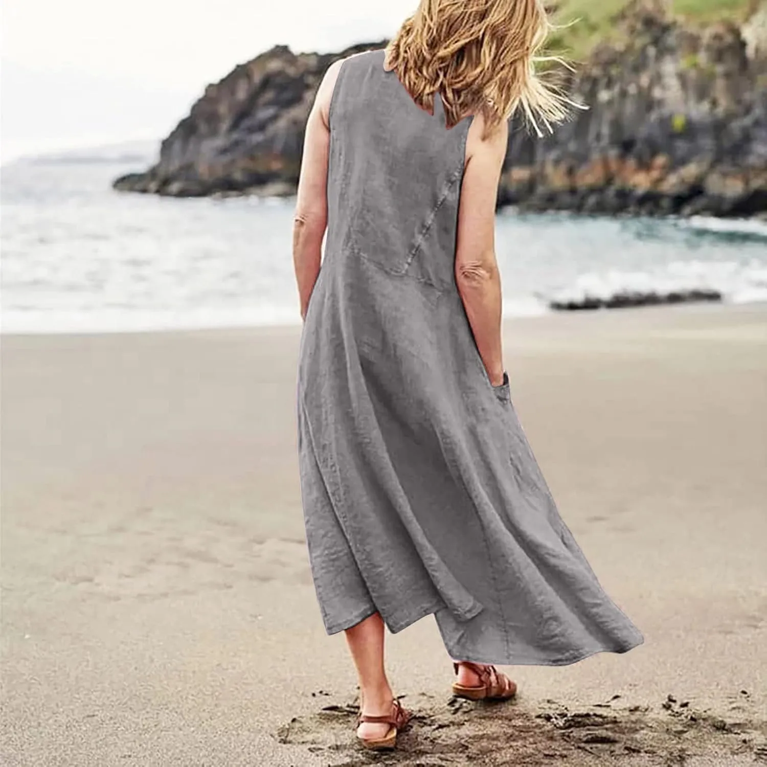 Women's Summer Cotton Linen Long Dress 2025 Sleeveless Elegant Flowy Dresses Plus Size Loose Comfy Dress with Pockets