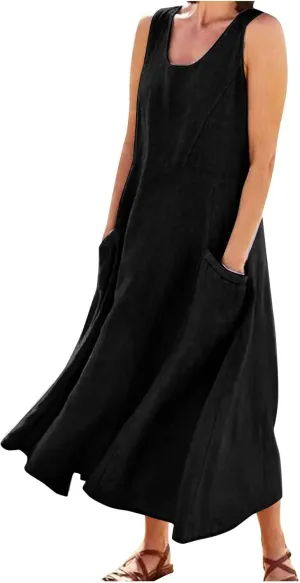 Women's Summer Cotton Linen Long Dress 2025 Sleeveless Elegant Flowy Dresses Plus Size Loose Comfy Dress with Pockets