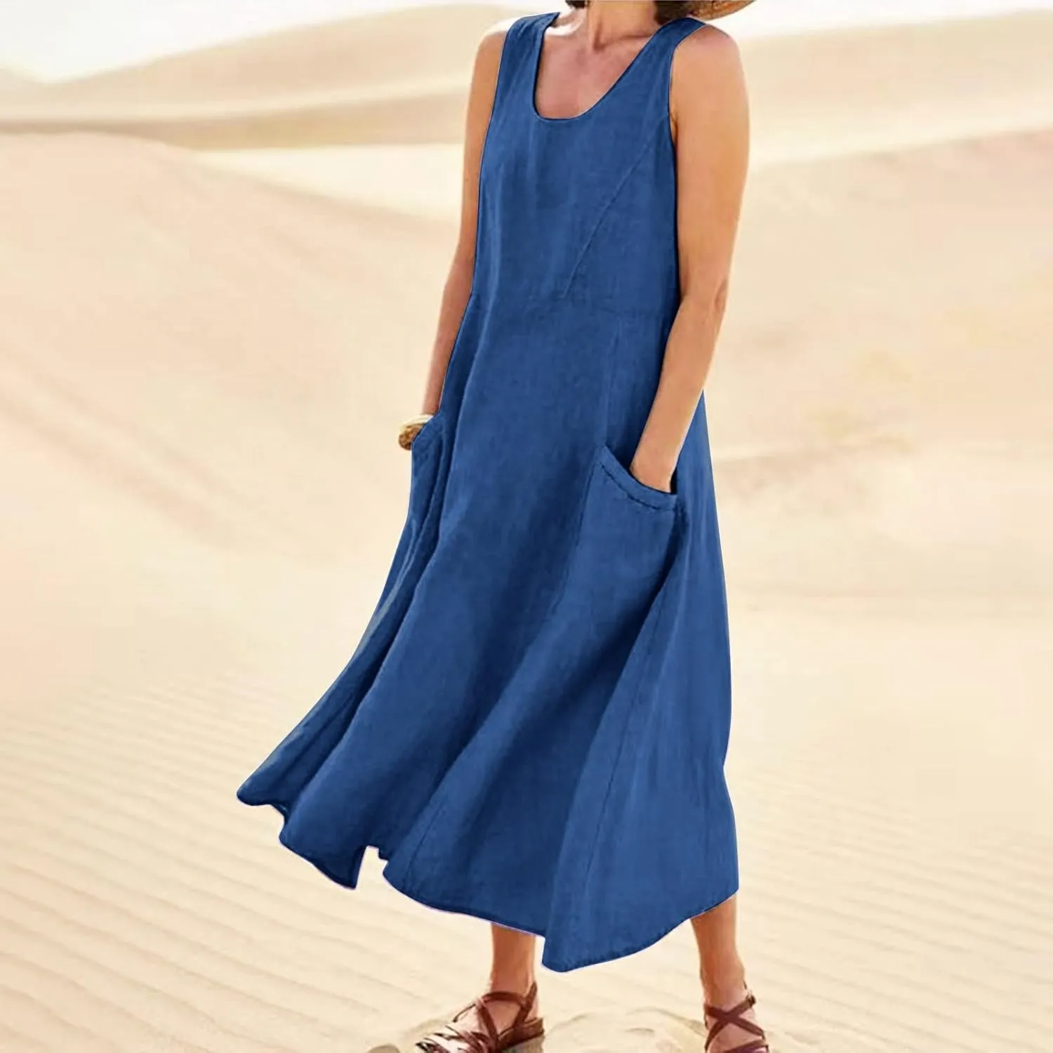 Women's Summer Cotton Linen Long Dress 2025 Sleeveless Elegant Flowy Dresses Plus Size Loose Comfy Dress with Pockets