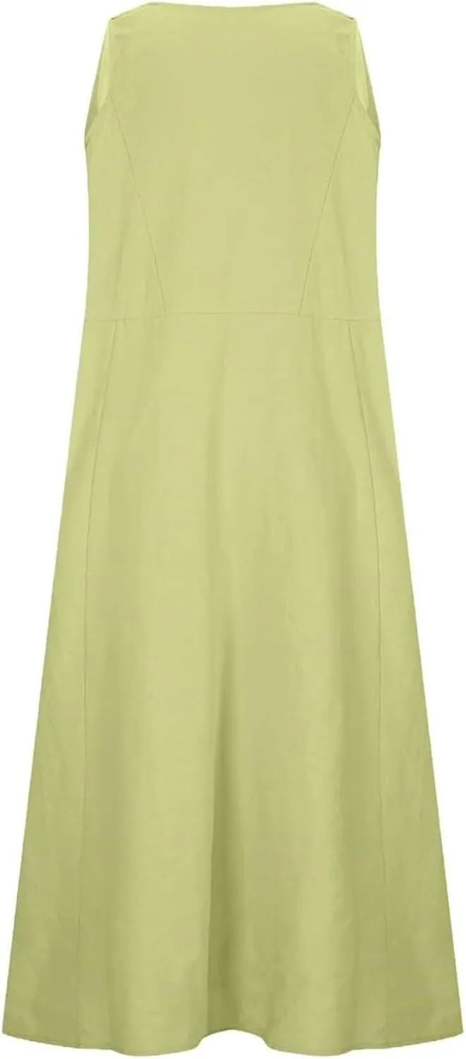 Womens Summer Cotton Linen Long Dress Sleeveless Elegant Flowy Dresses 2025 Plus Size Loose Comfy Dress with Pockets