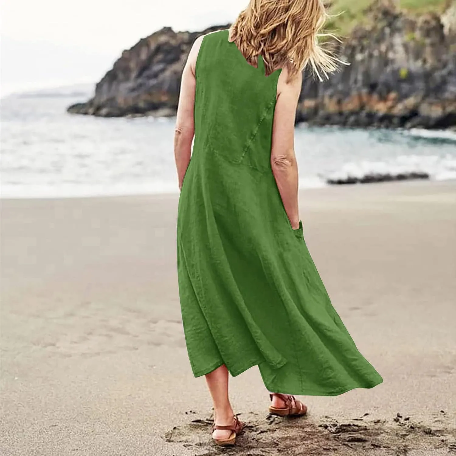Womens Summer Cotton Linen Long Dress Sleeveless Elegant Flowy Dresses 2025 Plus Size Loose Comfy Dress with Pockets