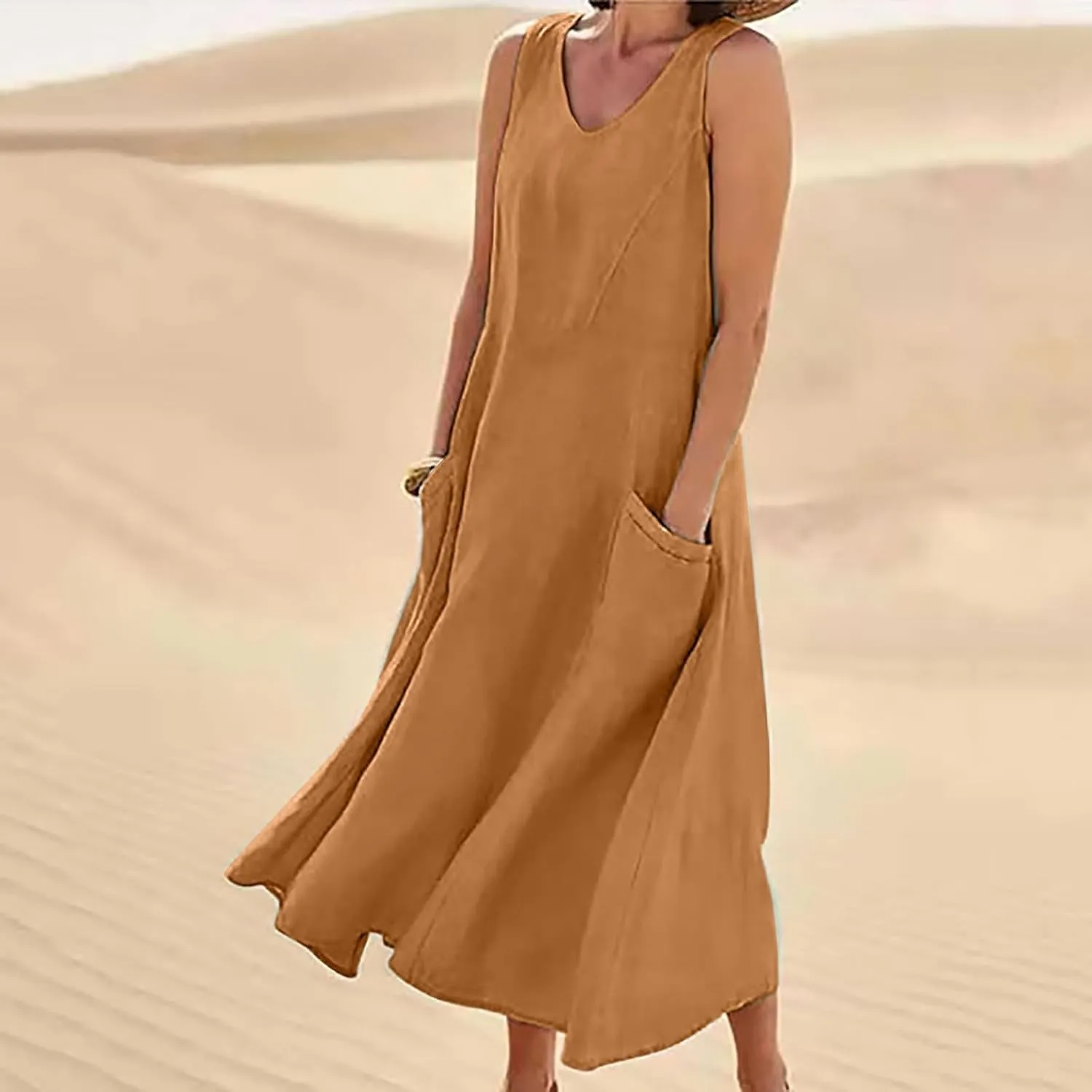 Womens Summer Cotton Linen Long Dress Sleeveless Elegant Flowy Dresses 2025 Plus Size Loose Comfy Dress with Pockets