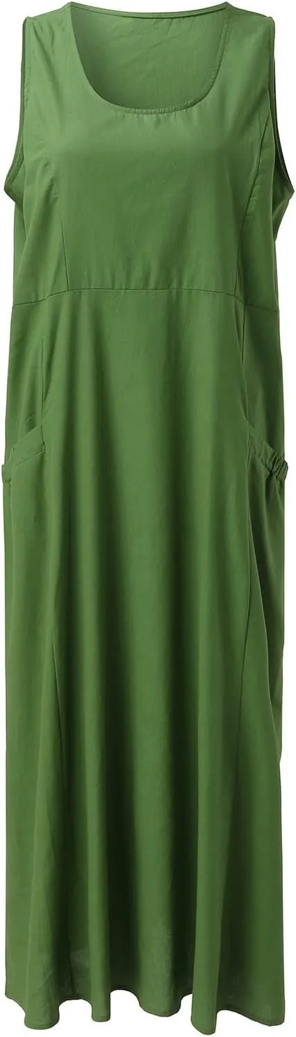 Womens Summer Cotton Linen Long Dress Sleeveless Elegant Flowy Dresses 2025 Plus Size Loose Comfy Dress with Pockets