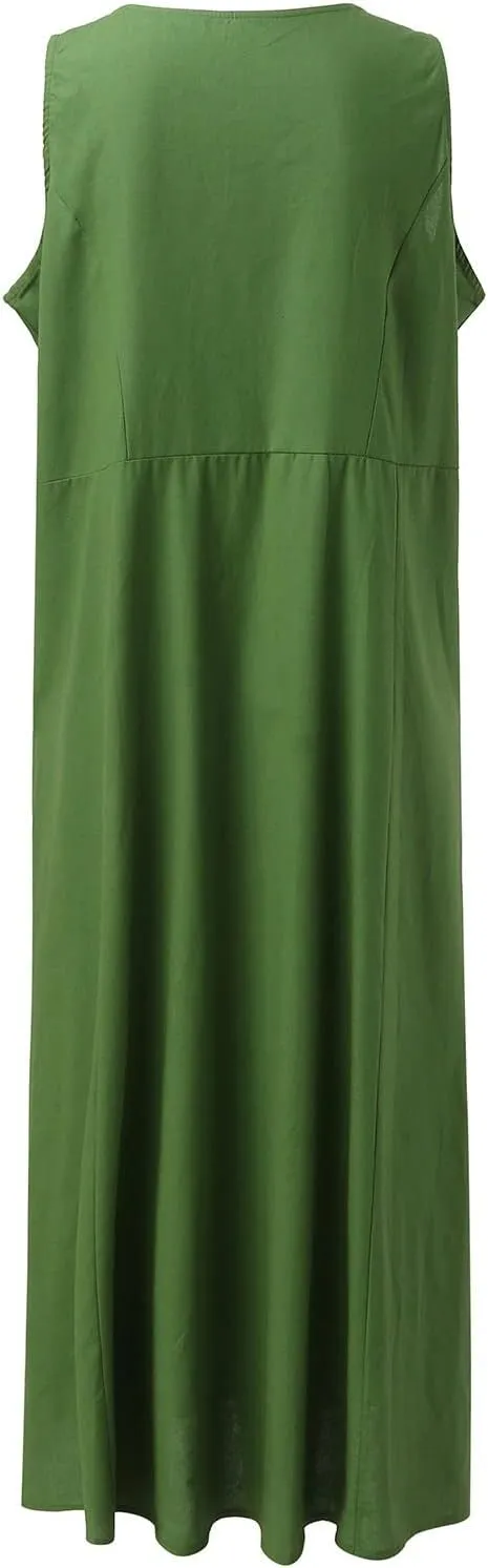 Womens Summer Cotton Linen Long Dress Sleeveless Elegant Flowy Dresses 2025 Plus Size Loose Comfy Dress with Pockets