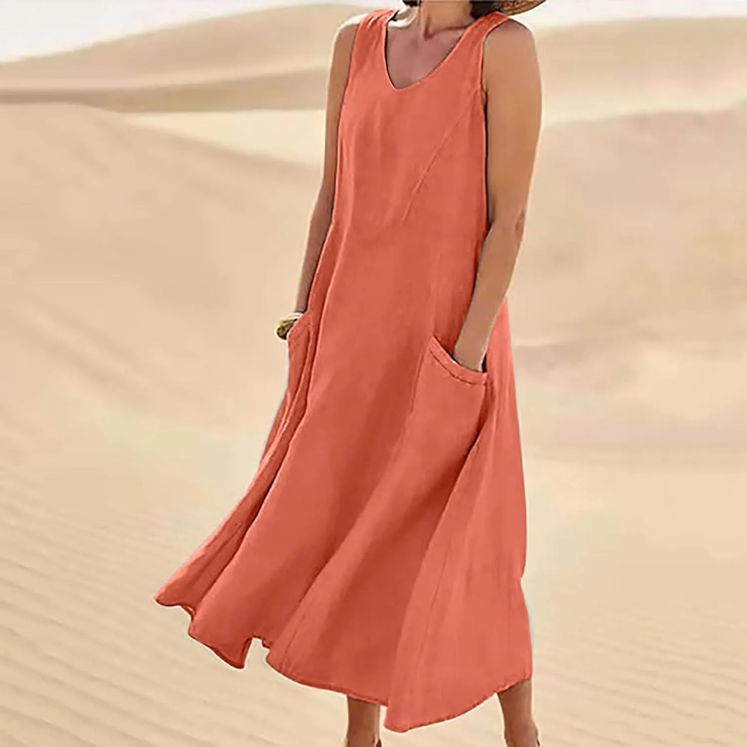 Womens Summer Cotton Linen Long Dress Sleeveless Elegant Flowy Dresses 2025 Plus Size Loose Comfy Dress with Pockets
