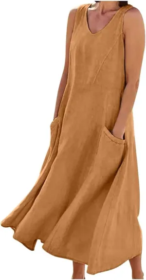 Womens Summer Cotton Linen Long Dress Sleeveless Elegant Flowy Dresses 2025 Plus Size Loose Comfy Dress with Pockets