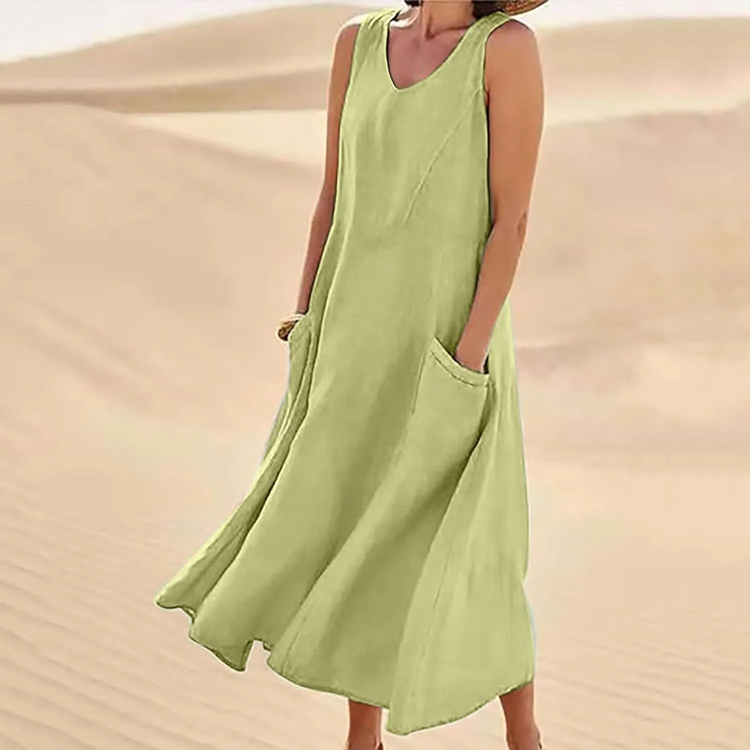 Womens Summer Cotton Linen Long Dress Sleeveless Elegant Flowy Dresses 2025 Plus Size Loose Comfy Dress with Pockets