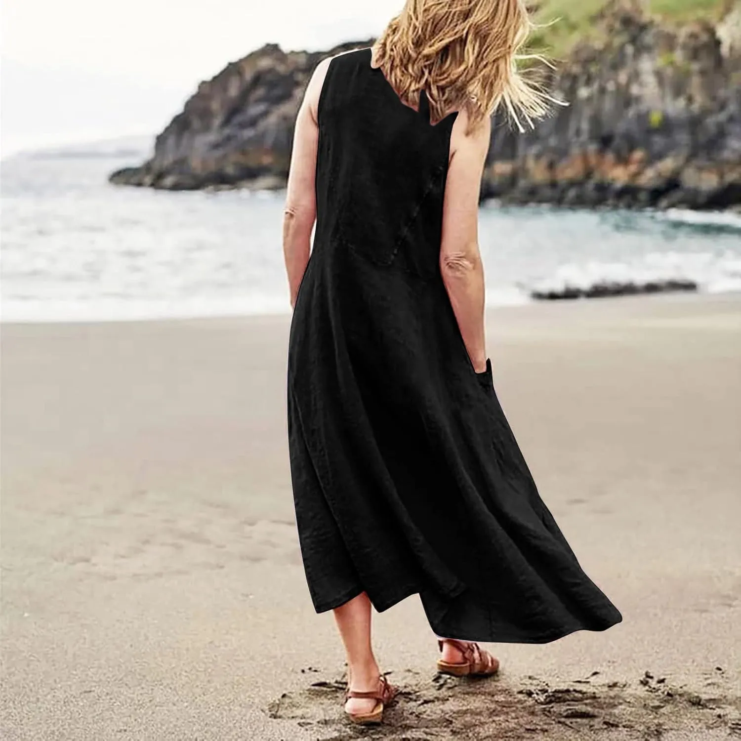 Womens Summer Cotton Linen Long Dress Sleeveless Elegant Flowy Dresses 2025 Plus Size Loose Comfy Dress with Pockets