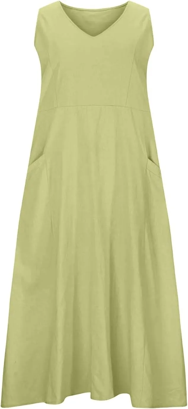 Womens Summer Cotton Linen Long Dress Sleeveless Elegant Flowy Dresses 2025 Plus Size Loose Comfy Dress with Pockets