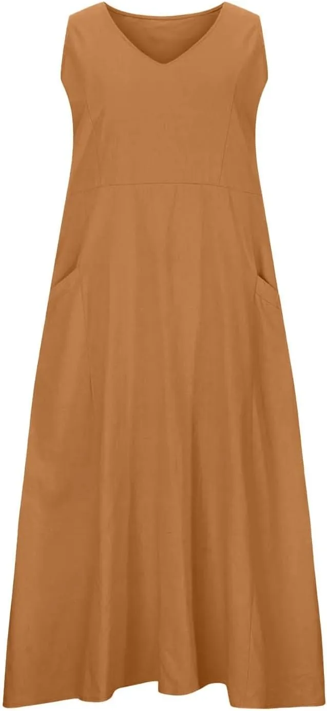 Womens Summer Cotton Linen Long Dress Sleeveless Elegant Flowy Dresses 2025 Plus Size Loose Comfy Dress with Pockets