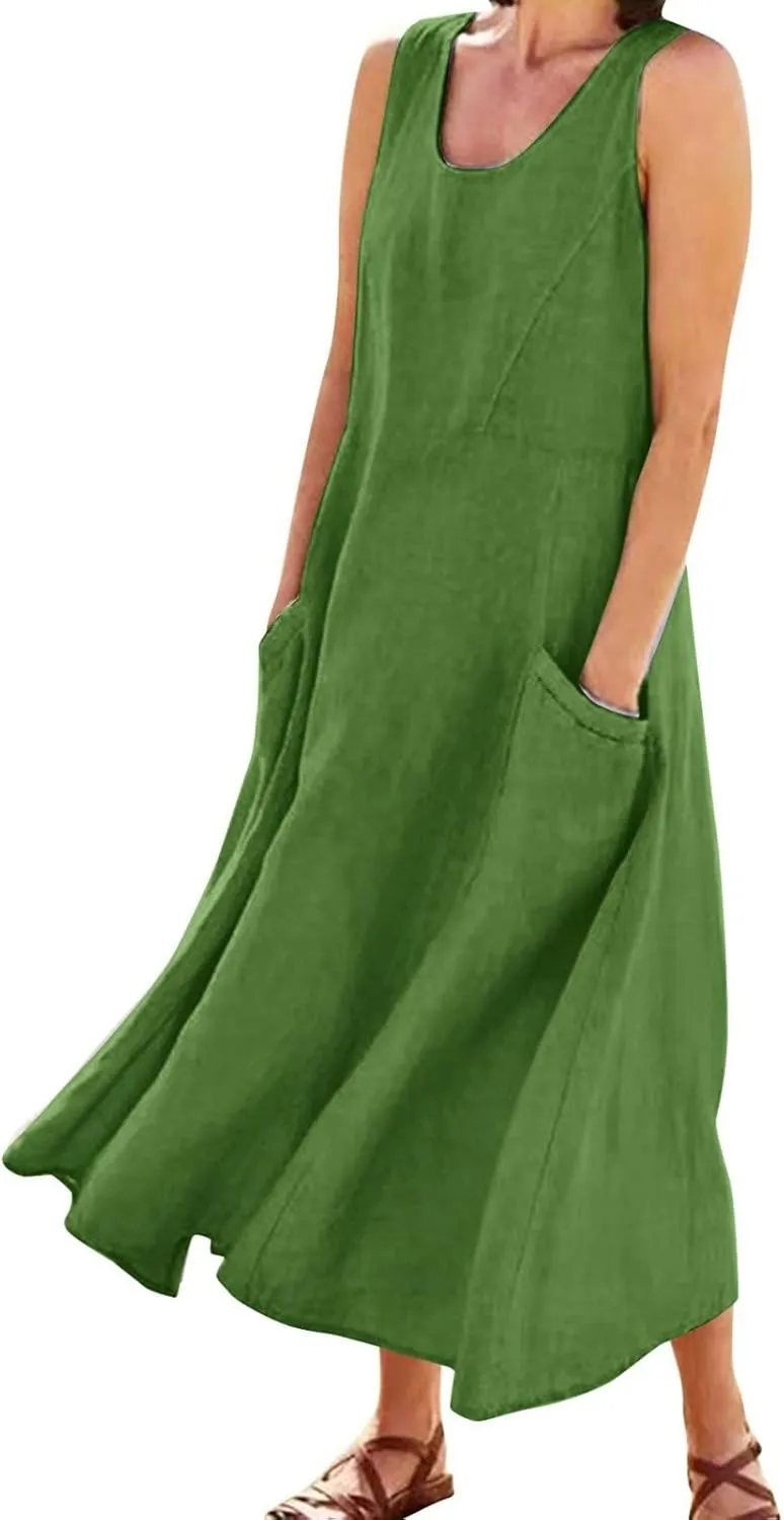 Womens Summer Cotton Linen Long Dress Sleeveless Elegant Flowy Dresses 2025 Plus Size Loose Comfy Dress with Pockets
