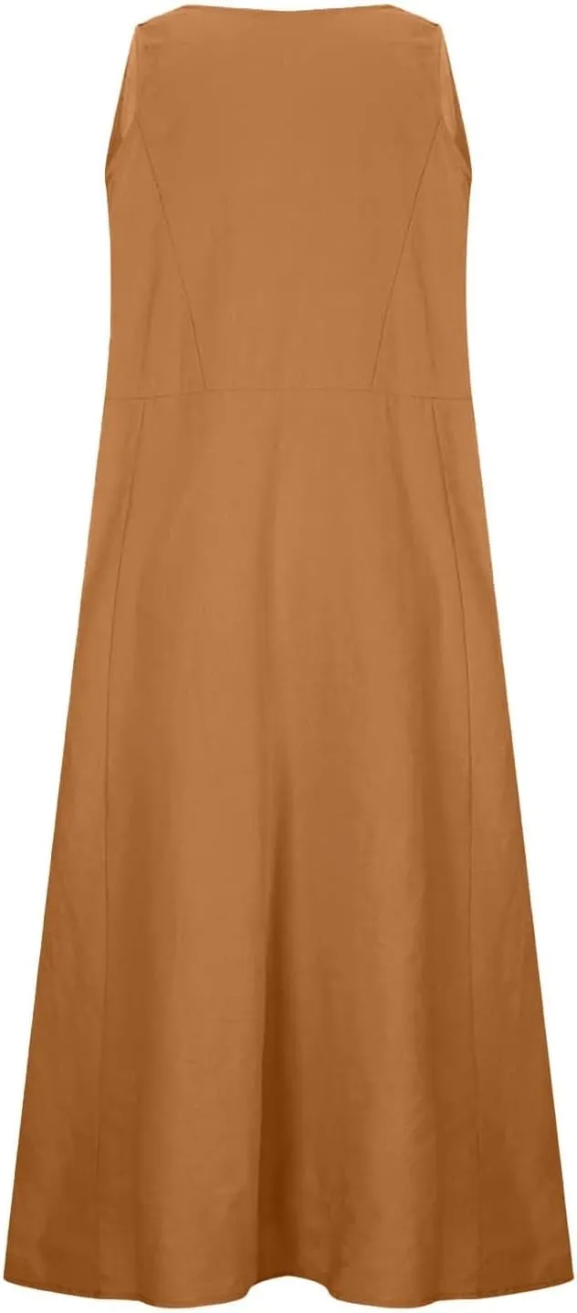 Womens Summer Cotton Linen Long Dress Sleeveless Elegant Flowy Dresses 2025 Plus Size Loose Comfy Dress with Pockets