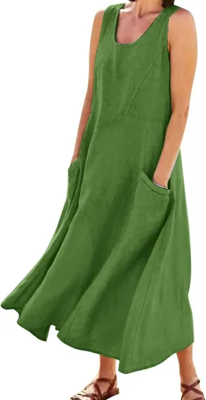 Womens Summer Cotton Linen Long Dress Sleeveless Elegant Flowy Dresses 2025 Plus Size Loose Comfy Dress with Pockets