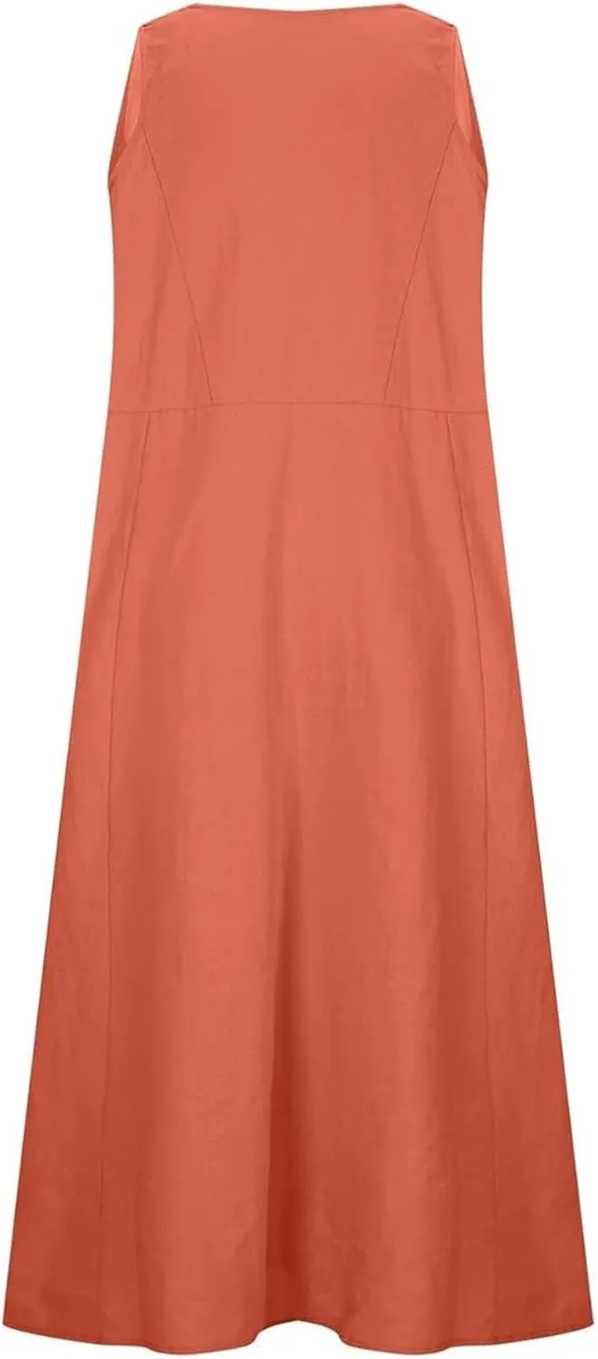 Womens Summer Cotton Linen Long Dress Sleeveless Elegant Flowy Dresses 2025 Plus Size Loose Comfy Dress with Pockets