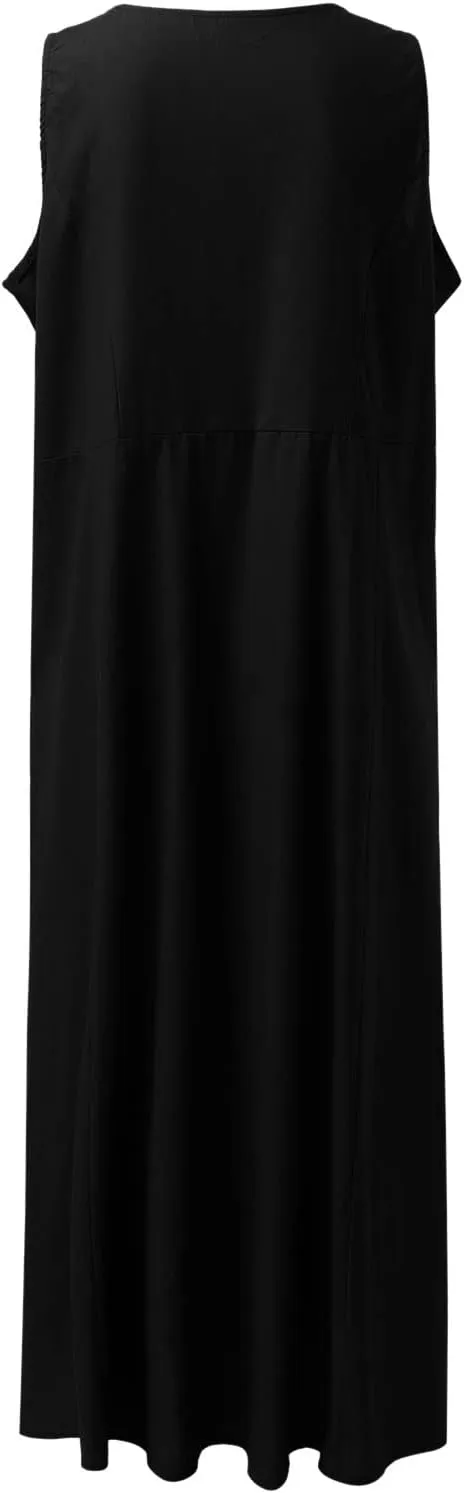 Womens Summer Cotton Linen Long Dress Sleeveless Elegant Flowy Dresses 2025 Plus Size Loose Comfy Dress with Pockets