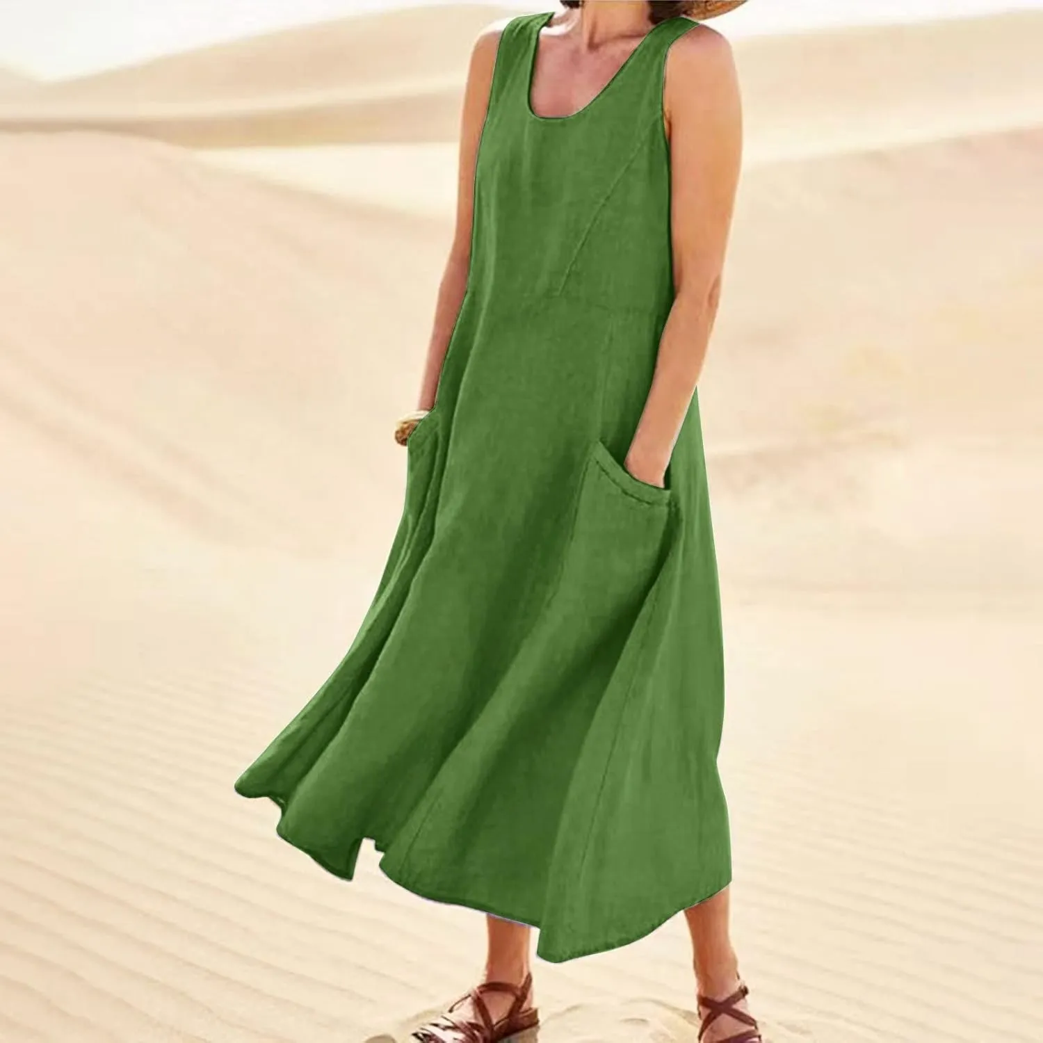 Womens Summer Cotton Linen Long Dress Sleeveless Elegant Flowy Dresses 2025 Plus Size Loose Comfy Dress with Pockets