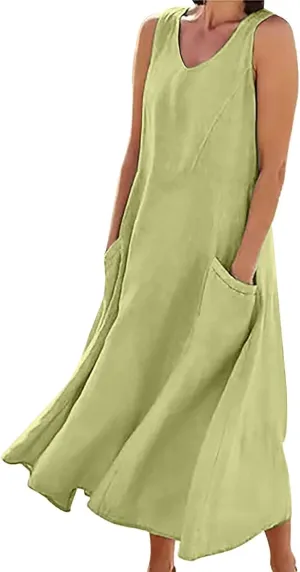 Womens Summer Cotton Linen Long Dress Sleeveless Elegant Flowy Dresses 2025 Plus Size Loose Comfy Dress with Pockets