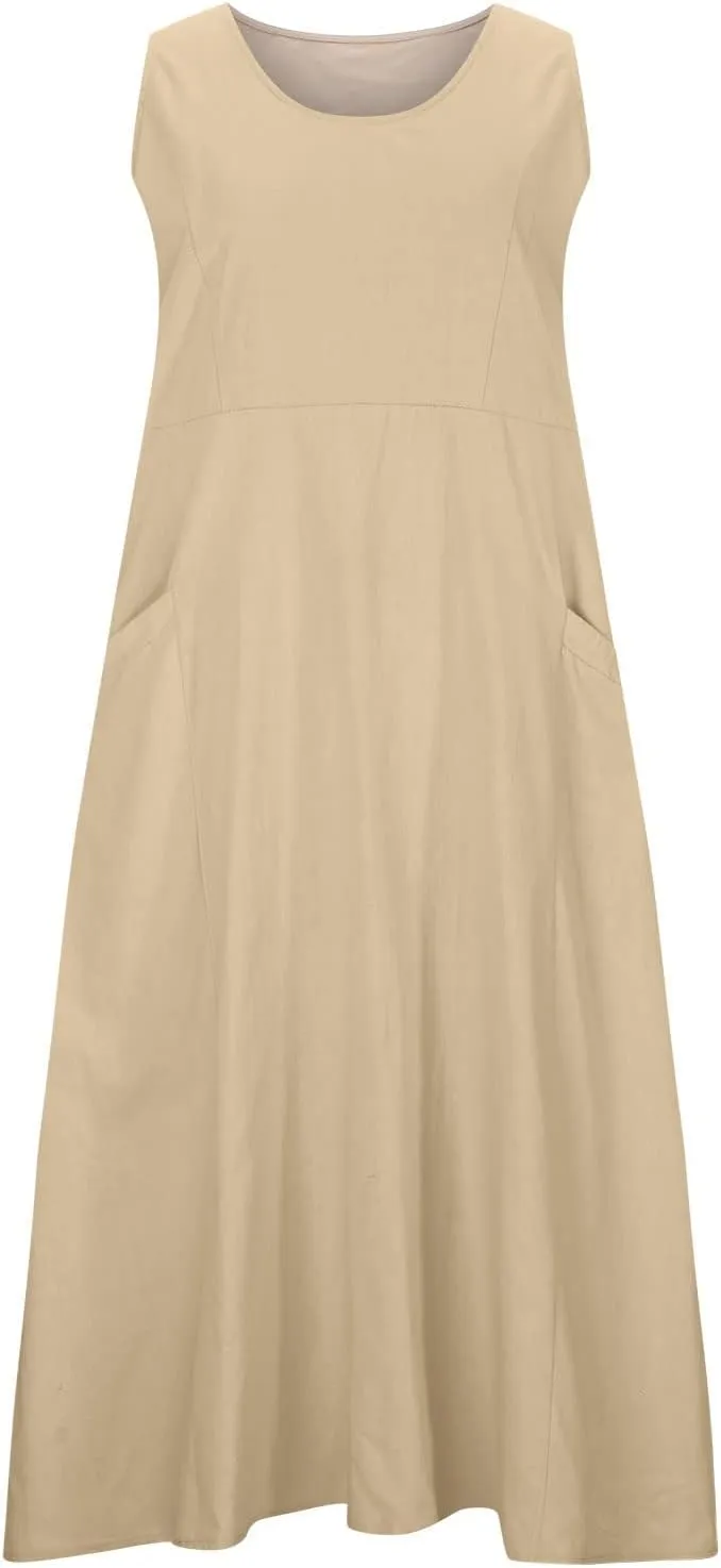 Women's Summer Cotton Linen Long Dress Sleeveless Elegant Flowy Dresses Plus Size Loose Comfy Dress with Pockets