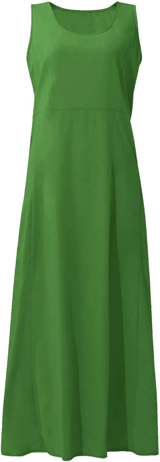 Women's Summer Cotton Linen Long Dress Sleeveless Elegant Flowy Dresses Plus Size Loose Comfy Dress with Pockets