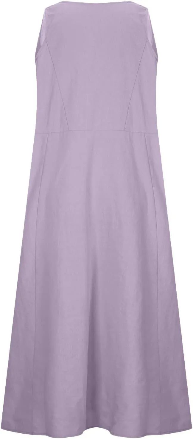 Women's Summer Cotton Linen Long Dress Sleeveless Elegant Flowy Dresses Plus Size Loose Comfy Dress with Pockets