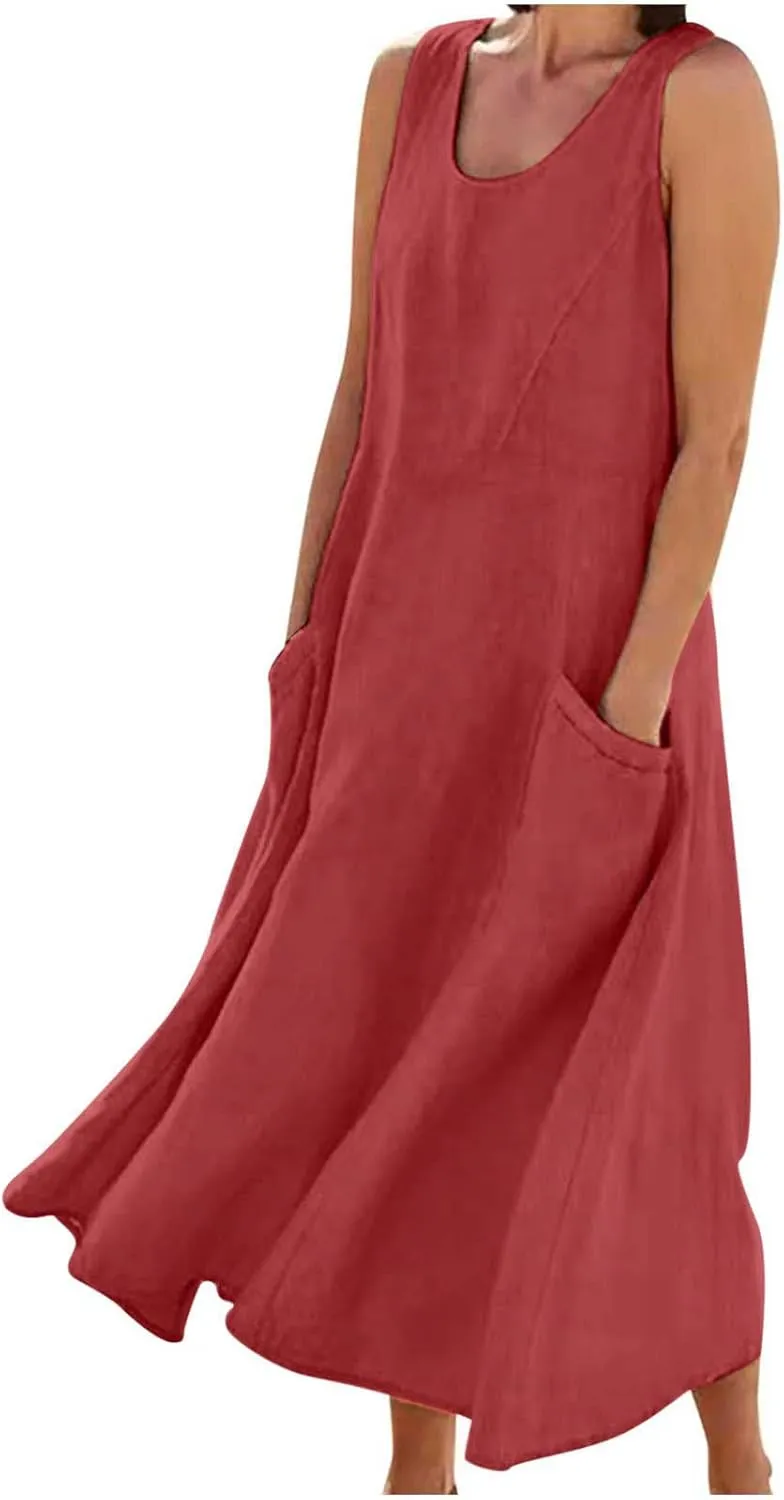 Women's Summer Cotton Linen Long Dress Sleeveless Elegant Flowy Dresses Plus Size Loose Comfy Dress with Pockets