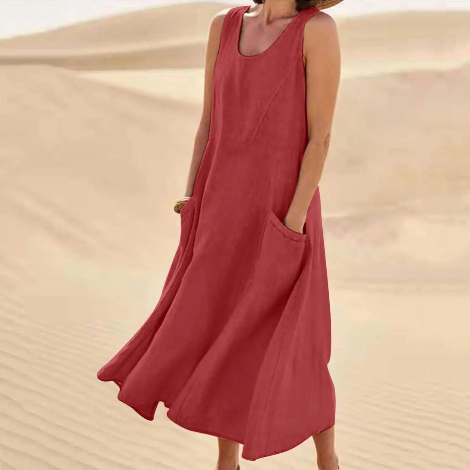 Women's Summer Cotton Linen Long Dress Sleeveless Elegant Flowy Dresses Plus Size Loose Comfy Dress with Pockets