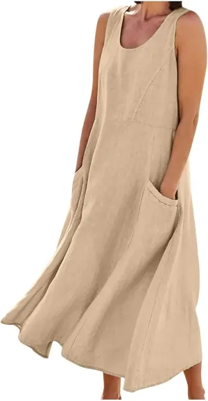 Women's Summer Cotton Linen Long Dress Sleeveless Elegant Flowy Dresses Plus Size Loose Comfy Dress with Pockets