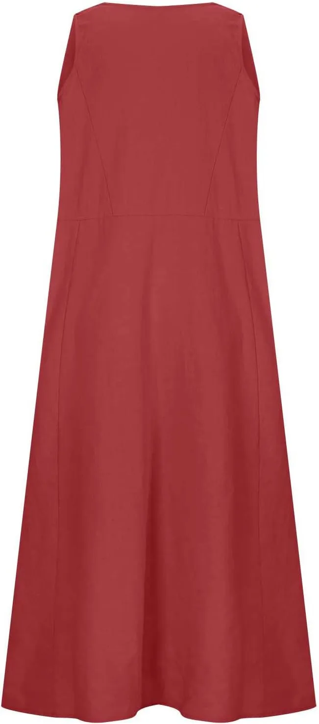 Women's Summer Cotton Linen Long Dress Sleeveless Elegant Flowy Dresses Plus Size Loose Comfy Dress with Pockets