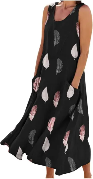 Women's Summer Cotton Linen Long Dress Sleeveless Elegant Flowy Dresses Plus Size Loose Comfy Dress with Pockets