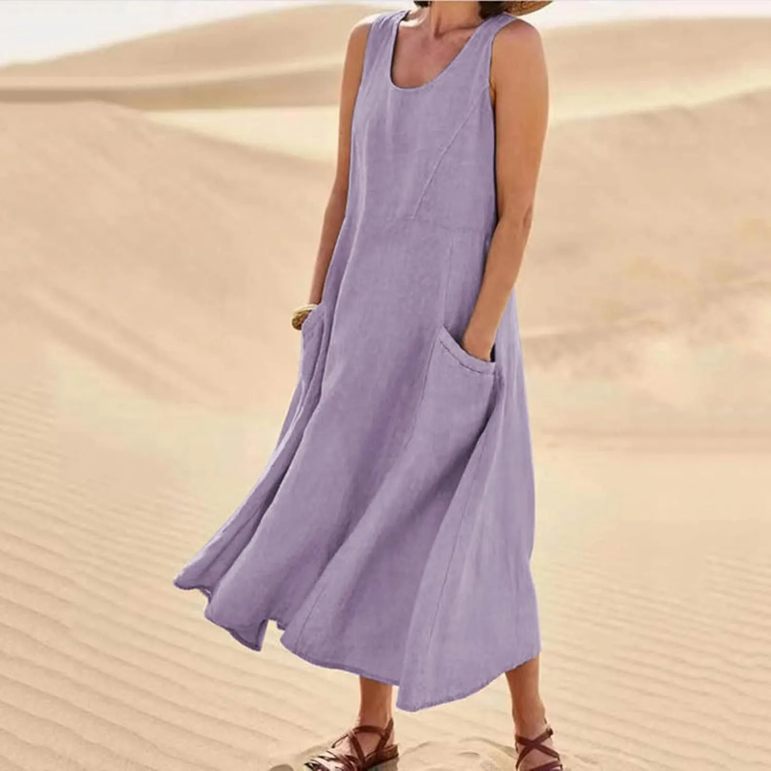 Women's Summer Cotton Linen Long Dress Sleeveless Elegant Flowy Dresses Plus Size Loose Comfy Dress with Pockets