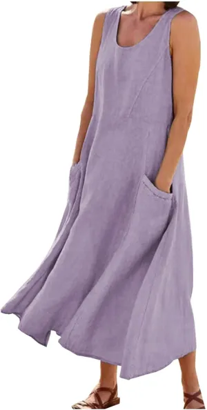 Women's Summer Cotton Linen Long Dress Sleeveless Elegant Flowy Dresses Plus Size Loose Comfy Dress with Pockets
