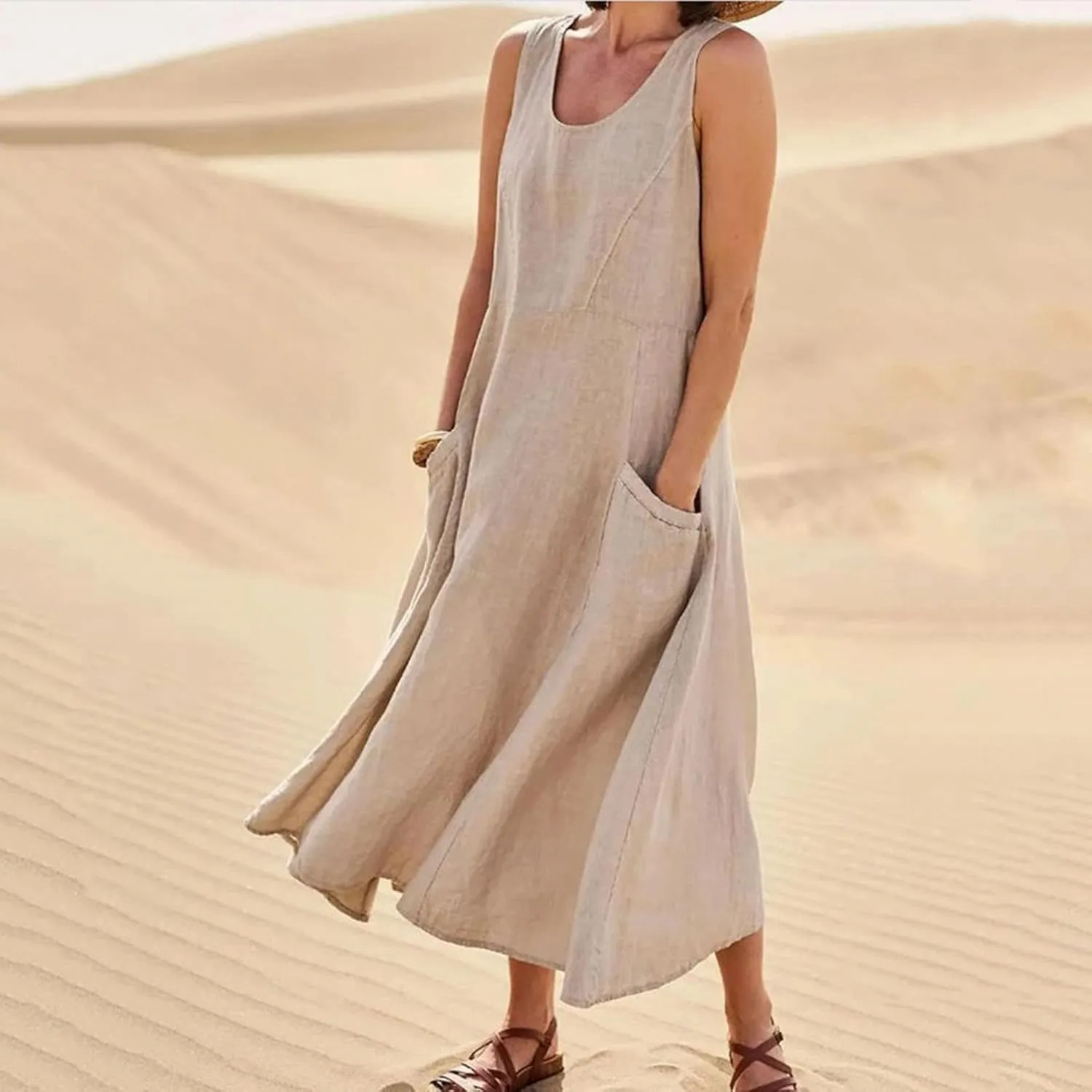 Women's Summer Cotton Linen Long Dress Sleeveless Elegant Flowy Dresses Plus Size Loose Comfy Dress with Pockets