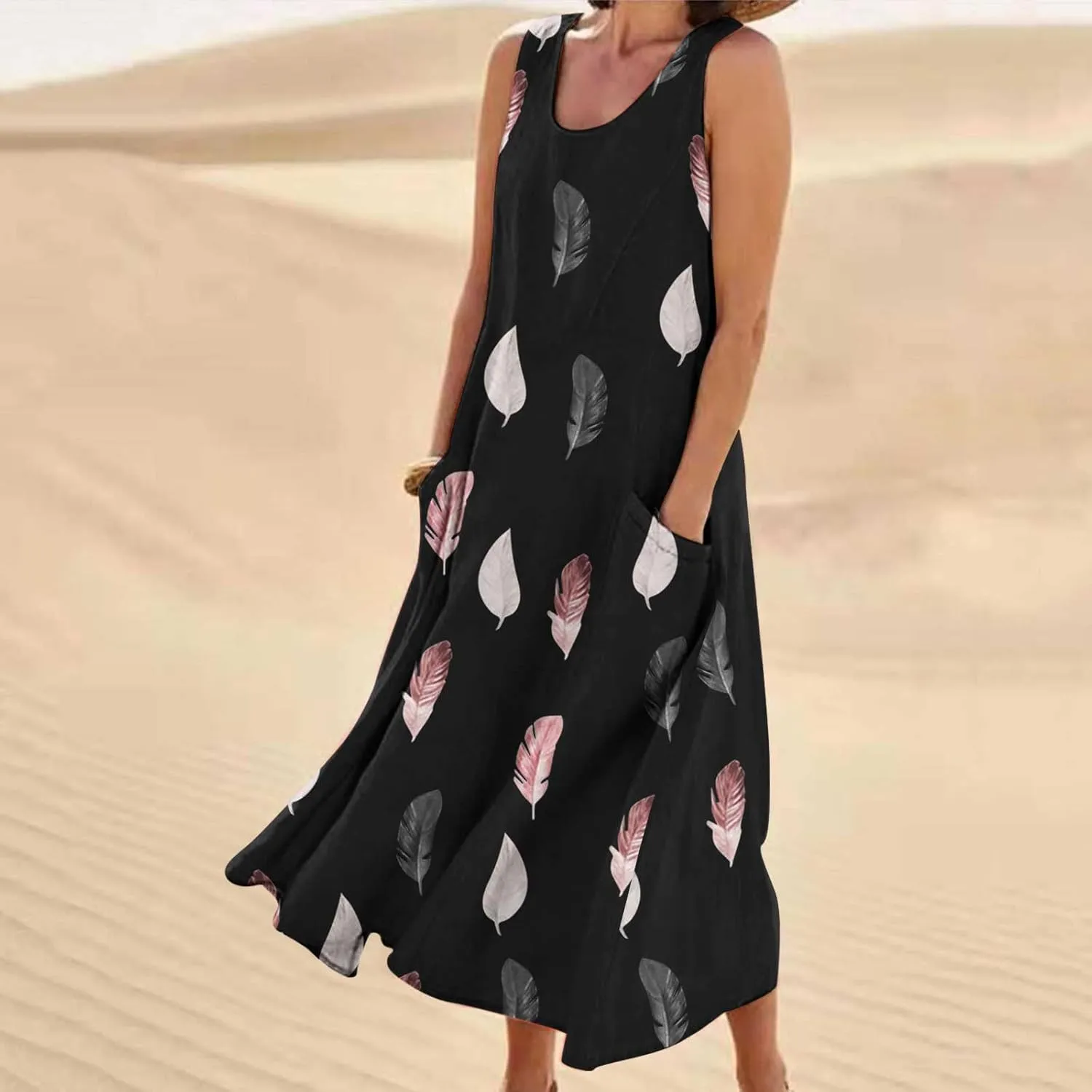 Women's Summer Cotton Linen Long Dress Sleeveless Elegant Flowy Dresses Plus Size Loose Comfy Dress with Pockets